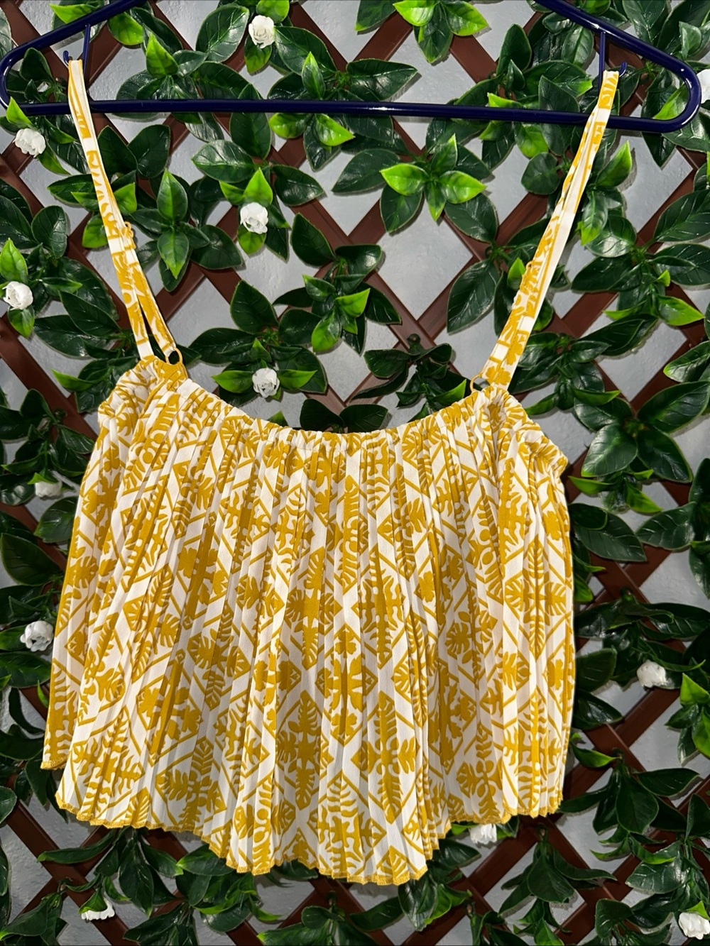 Sunshine Yellow Patterned Pleated Crop Cami Top